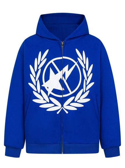 Model wearing Blue lightning printed hooded jacket by Grozavu