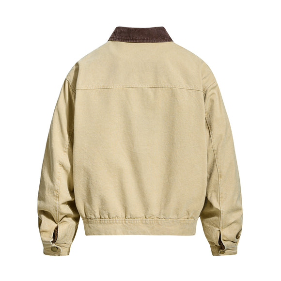 Vintage Portrait Letter Print Patchwork Workwear Turn-down Collar Jacket for Men and Women, Loose Casual Autumn/Winter Fleece Lined Outerwear