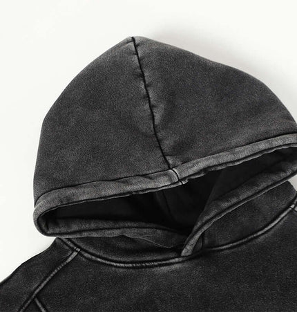 American Retro Washed Hoodie – Loose Fit hood close-up in black fabric with soft texture.