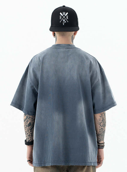 Model wearing Gray faded drop shoulder tee by Grozavu