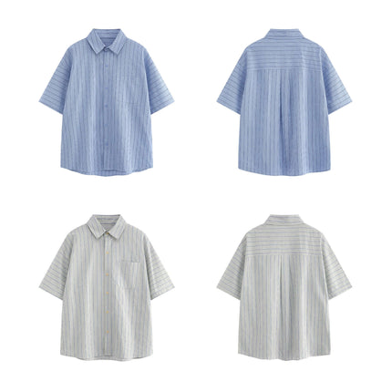 Patch Striped Short Sleeve Shirt - Loose Fit in light blue and striped designs, showcasing front and back views.