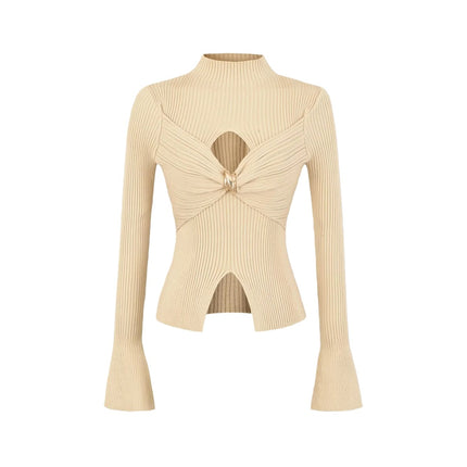 Metal Knot Hollow-Out Flare Sleeve Knit Top – Slim Fit Sexy Chic