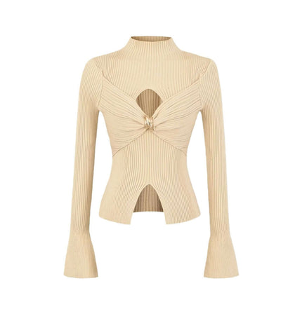 Metal Knot Hollow-Out Flare Sleeve Knit Top in beige with flared sleeves and hollow-out design
