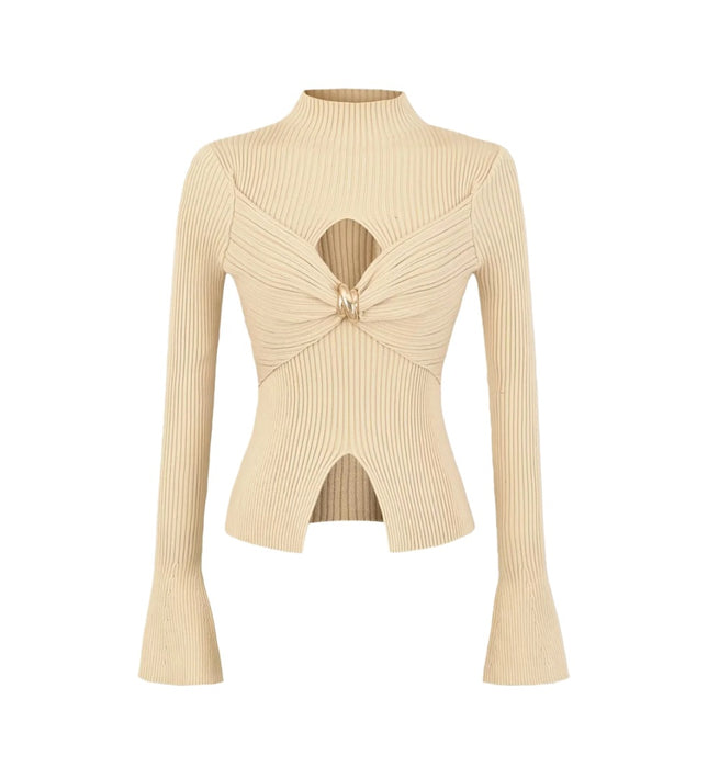 Metal Knot Hollow Out Flare Sleeve Knit Top for Women, Pure Seductive Style, Sexy Chic, Fitted Split Design