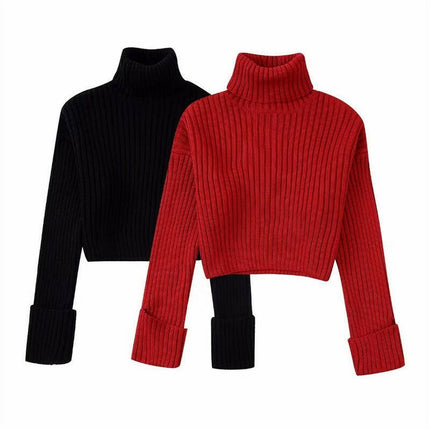 Grozavu's Elegant High Collar Solid Knitwear: Fashionable Short Style at €44.99