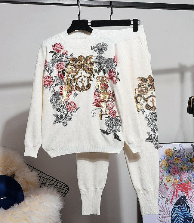 Grozavu Sequin Embroidery Sweater & Harem Pants Set
