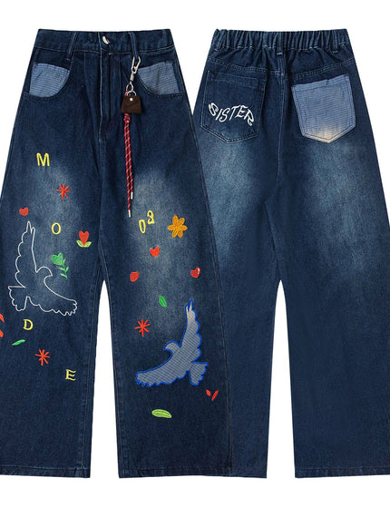 Retro Fun Patch Embroidery Denim Pants Unisex Trendy Design Wide Leg Loose Washed Tapered Jeans