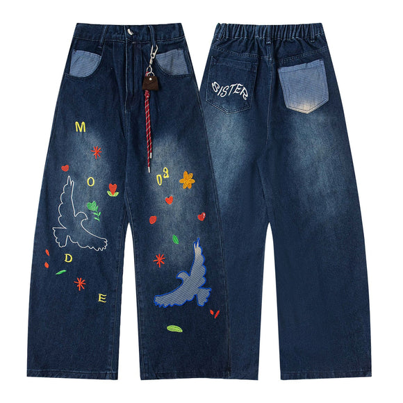 Retro Fun Patch Embroidery Denim Pants Unisex Trendy Design Wide Leg Loose Washed Tapered Jeans