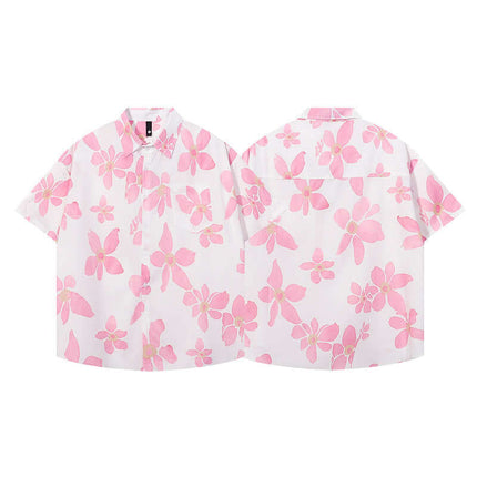 Pink Floral Short Sleeve Shirt – Loose Fit showcasing a pink and white floral pattern with a relaxed fit.