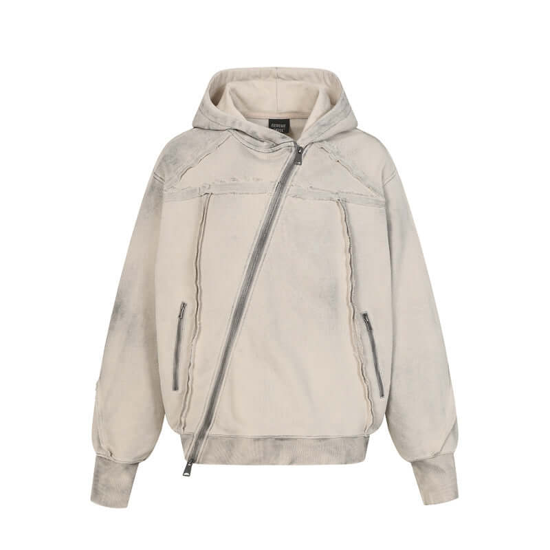 Model wearing Black urban hooded sweatshirt jacket deconstructed by Grozavu