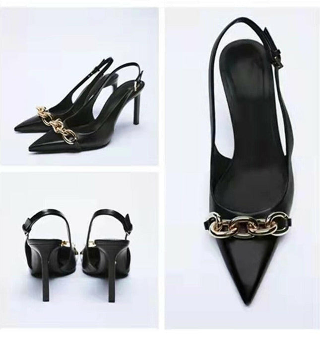 Grozavu: Black Chain Embellished High Heeled Pointed Sandals at €72.99