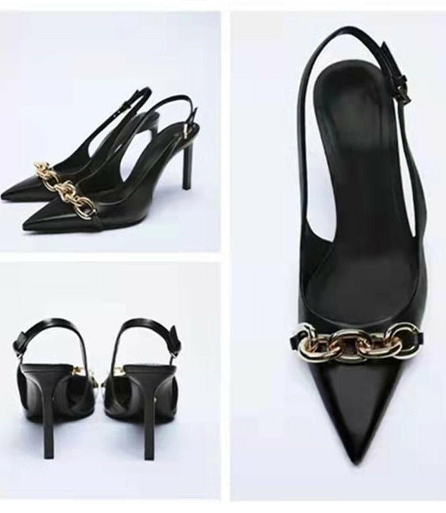 Grozavu: Black Chain Embellished High Heeled Pointed Sandals