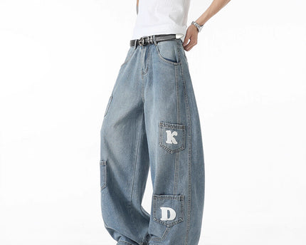 Multi-pocket Washed Knife-cut Pants for Men and Women Autumn American Retro Distressed Jeans, Loose Wide-leg Floor-length Trousers