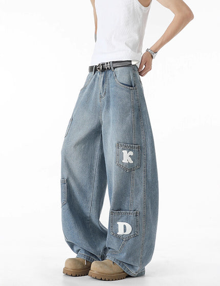 Multi-pocket Washed Knife-cut Pants for Men and Women Autumn American Retro Distressed Jeans, Loose Wide-leg Floor-length Trousers