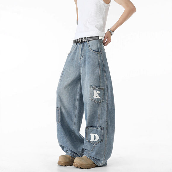 Multi-pocket Washed Knife-cut Pants for Men and Women Autumn American Retro Distressed Jeans, Loose Wide-leg Floor-length Trousers