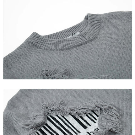 Fringe Patchwork Knit Sweater – Loose Fit featuring raw-edge patchwork and fringe detailing in gray.