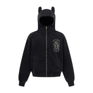 Vintage hoodie | Cross letter print hoodie | Distressed zip-up sweatshirt | Unisex streetwear jacket | Loose fit hoodie black | Casual streetwear hoodie gray