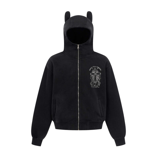 Vintage hoodie | Cross letter print hoodie | Distressed zip-up sweatshirt | Unisex streetwear jacket | Loose fit hoodie black | Casual streetwear hoodie gray