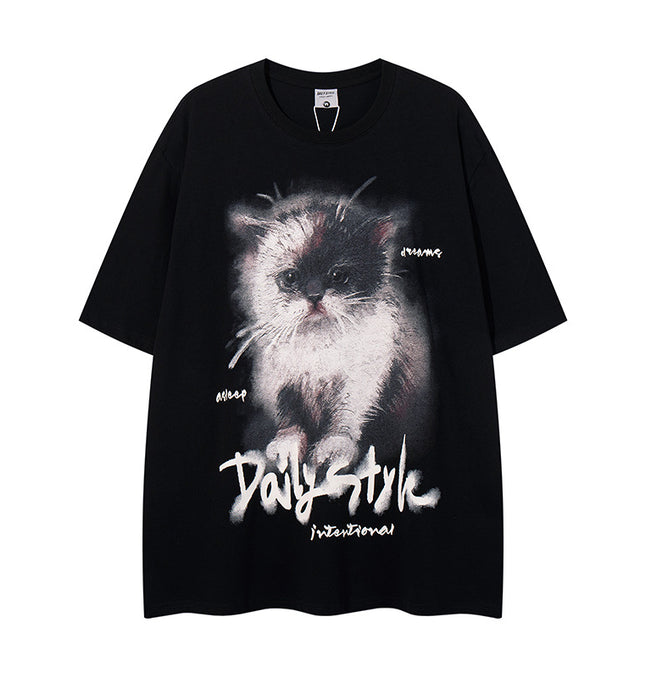 Front view of Cat Graphic Cropped Tee - Grozavu brand streetwear