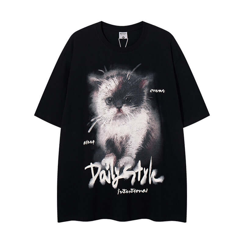 Front view of Cat Graphic Cropped Tee - Grozavu brand streetwear