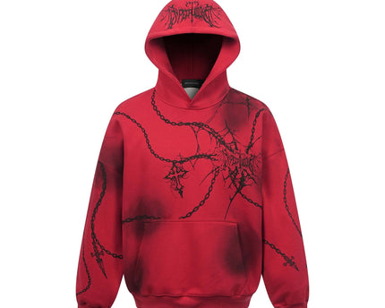 Distressed chain cross hoodie | Streetwear pullover hoodie | Unisex loose fit hoodie | Trendy cross print sweatshirt | Casual street style hoodie | Black and red hoodie
