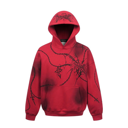 Distressed chain cross hoodie | Streetwear pullover hoodie | Unisex loose fit hoodie | Trendy cross print sweatshirt | Casual street style hoodie | Black and red hoodie