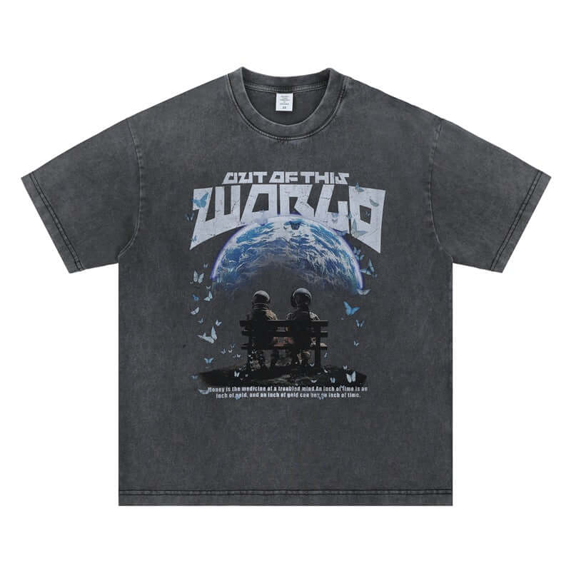 Model wearing Black world graphic tee by Grozavu