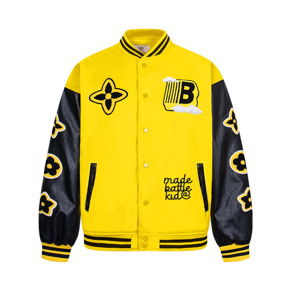 Street Style PU Leather Sleeve Patchwork Baseball Jacket for Men, Loose Fit Slimming Casual Outwear