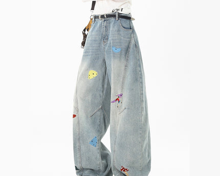 Streetwear Fun Patchwork Jeans Men Trendy Deconstructed Embroidered Knife Pants Clean Fit Washed Straight Leg Jeans