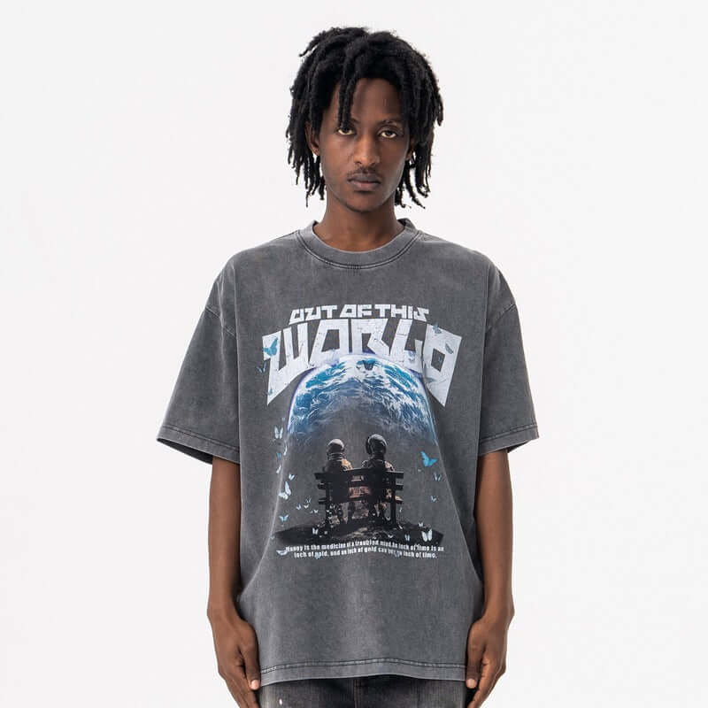 Black world graphic tee with Grozavu logo