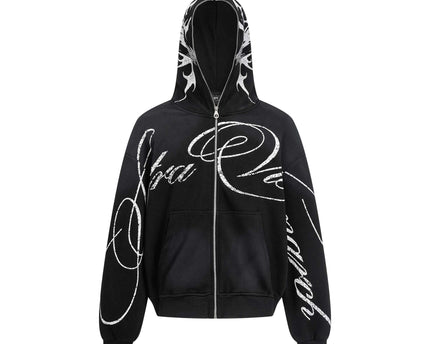 Flame letter zip hoodie | High street streetwear jacket | Unisex loose fit hoodie | Trendy flame print sweatshirt | Casual zip-up hoodie black | Purple streetwear hoodie