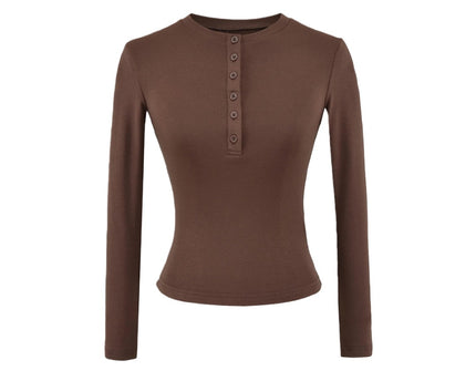 T-shirt a manica lunga basic con scollo rotondo e mezza abbottonatura in colore solido elastico