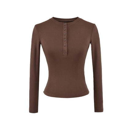 Solid Color Basic Round Neck Half-Button Long Sleeve Innerwear for Women, Elastic Slim Fit Fleece-Lined T-Shirt Top