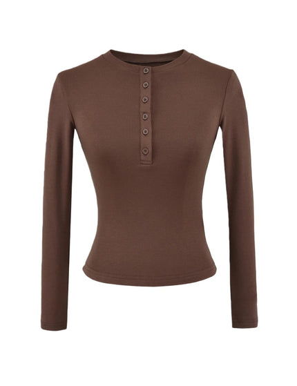 T-shirt à manches longues basique en couleur unie avec col rond et demi-boutonnage