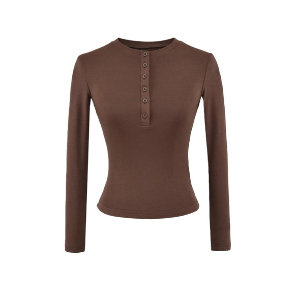 Camiseta básica de cuello redondo de color sólido con media botonera y manga larga para mujeres, ajustada elástica con forro de felpa