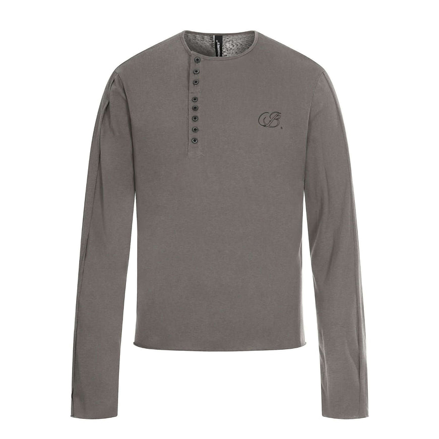 Model wearing Brown henley neck long sleeve t-shirt by Grozavu