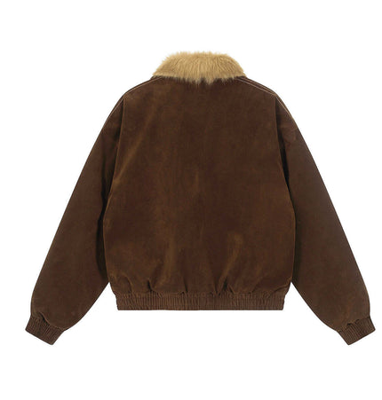 Warm Cotton Jacket with Fur Collar – Loose Fit, back view showcasing fur collar and casual design.