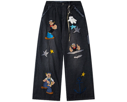 Pantalones Casual Sueltos de Rayas con Bordado de Patrón Divertido Retro y Lavado, Unisex, Pantalones de Pierna Ancha BF