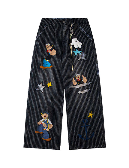 Retro Washed Fun Pattern Embroidery Splicing Striped Loose Casual Trousers Unisex BF Wide Leg Pants