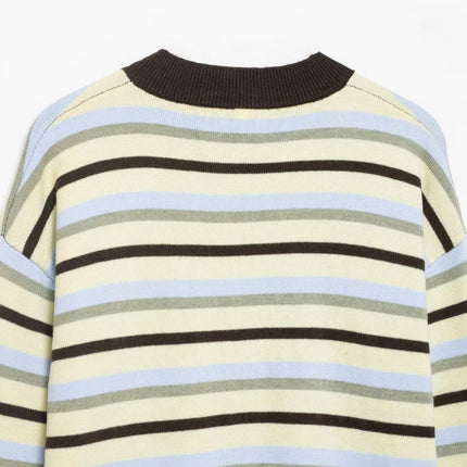 Waist up denim short round neck striped knitted cardigan