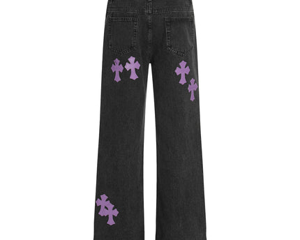 Style Trendy Unisex Retro Cross Pattern Slim Fit Flared Denim Pants