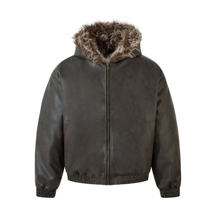 Wool Collar PU Pilot Jacket – Loose Fit with furry hood and zipper details for winter fashion.