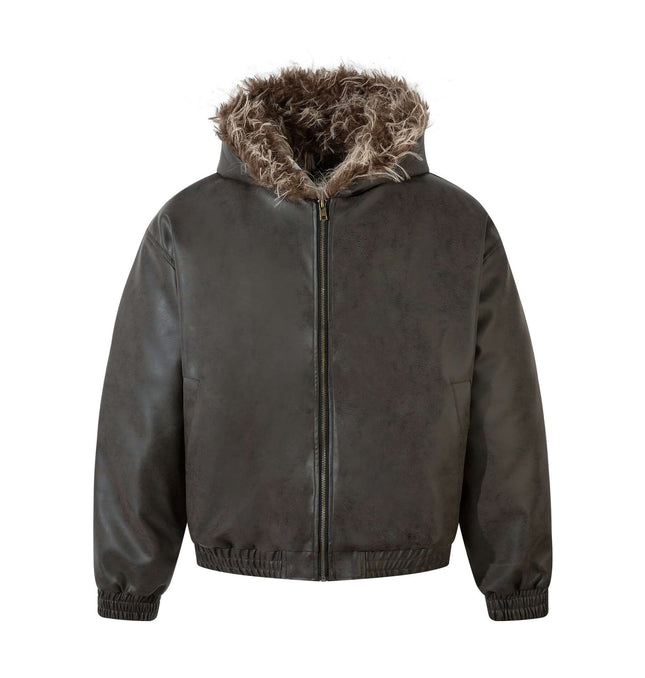 Wool Collar PU Pilot Jacket – Loose Fit with furry hood and zipper details for winter fashion.