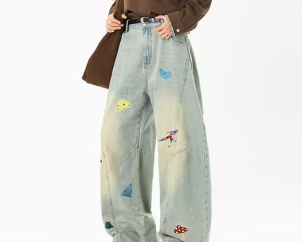 Jeans de Parchwork Divertidos de Streetwear para Hombre, Pantalones de Cuchillo Deconstruidos y Bordados, Ajuste Limpio, Jeans Rectos Lavados