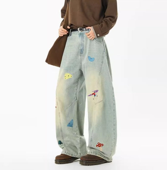 Jeans en patchwork amusants de streetwear pour hommes, tendance, déstructurés, brodés, pantalons à coupe propre, jeans droits lavés