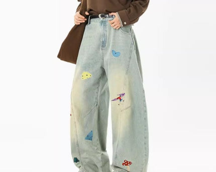 Jeans en patchwork amusants pour hommes de la rue principale, tendance automne, déstructurés, brodés, pantalons à taille haute, lavés, coupe droite