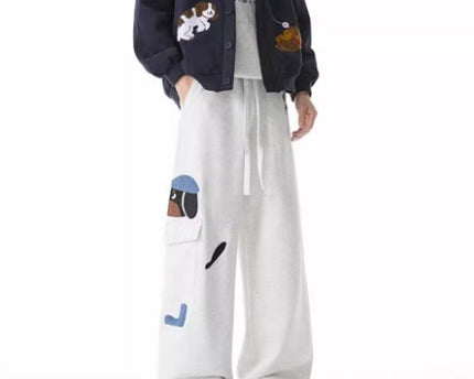 Pantalons de survêtement brodés pour chien Style Homme rétro à poches multiples Pantalons décontractés polyvalents à cordon de serrage amples et athlétiques de rue