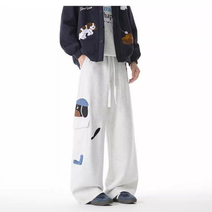 Pantaloni Felpati Ricamati con Cane - Vestibilità Ampia