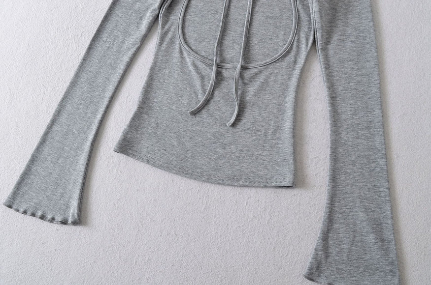 U-neck Striped Long Sleeved Elastic T-shirt Tight Top