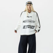 Camisa de Manga Larga con Cuello en V Deportiva Impermeable Negra Blanca